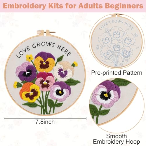 Image of Nuberlic 3 Pack Embroidery Kit for Beginners, Floral Cross Stitch Kit | Beginner Friendly Complete Embroidery Kit With Pre Printed Fabric And Premium Threads