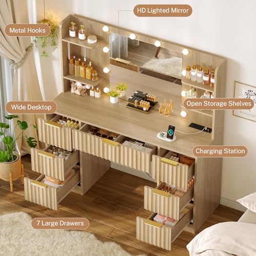 Image of Quimoo Fluted Vanity Desk with Mirror and Adjustable LED Lights & Power Outlet, Makeup Vanity Desk with 7 Drawers,4 Shelves and 5 Hooks, Vanity for Girls, Natural Oak