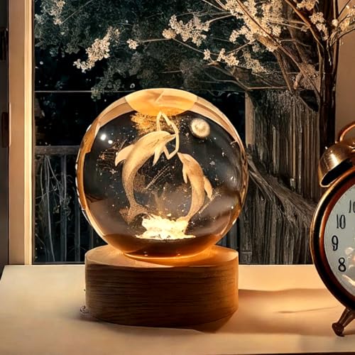 BTfash 3D Dolphin Crystal Ball Night Lamp | Table LED Light with Wooden Stand for for Home Decor, Birthday Gift for Teens Boys and Girls | (Heart Dolphin)