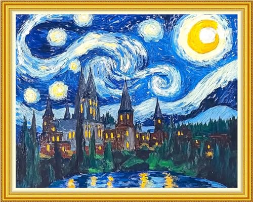 Image of Fanxvivy Stamped Cross Stitch Kits for Beginners Full Range of Cross Stitching Preprinted Embroidery Kits for Adults, 11CT Embroidery Pattern Needlepoint Kits-Van Gogh Starry Sky Castle 16x20 inch