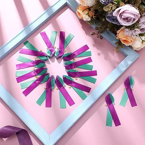 Image of Misdary 200 pcs Suicide Prevention Awareness Ribbon Satin Purple Teal Ribbon Pins Sexual Assault Awareness Safety Pin