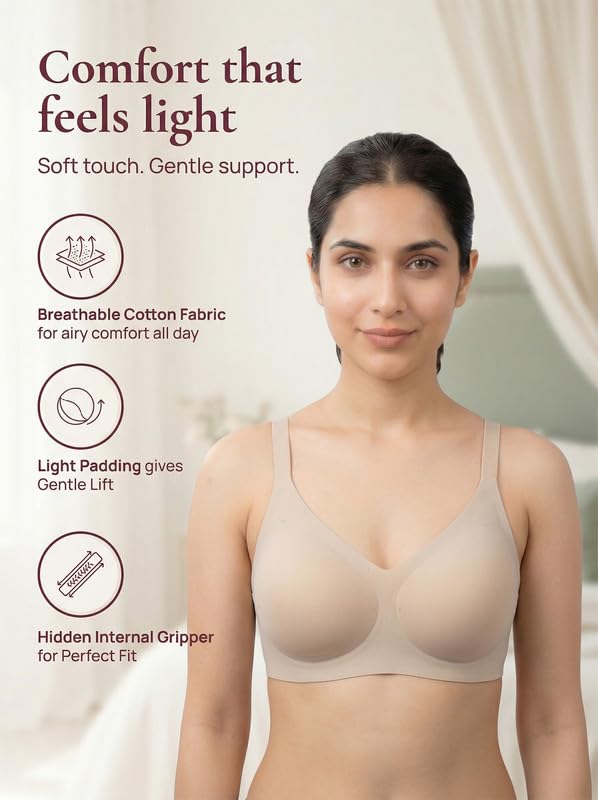 Image of Tweens Cotton Padded Bonded Bra for Women | Full Coverage Wire-Free Bra | Seamless No-Dig Comfort | Breathable Cotton | Elastic-Free Bottom Band & Side Wings | Pack of 1|