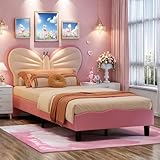 Lit Enfant 90x200 cm, Lit 1 Place avec Tête de Lit Réglable en Forme de Papillon et Bande Lumineuse LED, Lits Enfant avec Sommier à Lattes pour Fille, sans Matelas, Velours (Rose+Blanc, 90x200 cm)
