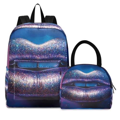 Backpack Lunch Bag Set Abstract Lip Print, Big Storage Travel Backpacks with Insulated Lunch Box for Office Hiking Picnic