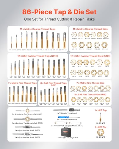 Image of VEVOR Tap and Die Set, 86-Piece Metric and SAE Sizes M3 to M12, #4 to 5 /8 inch, with Coarse and Fine Thread Taps and Dies, Wrench, Carrying Case and Complete Accessories, for Threading and Rethreading