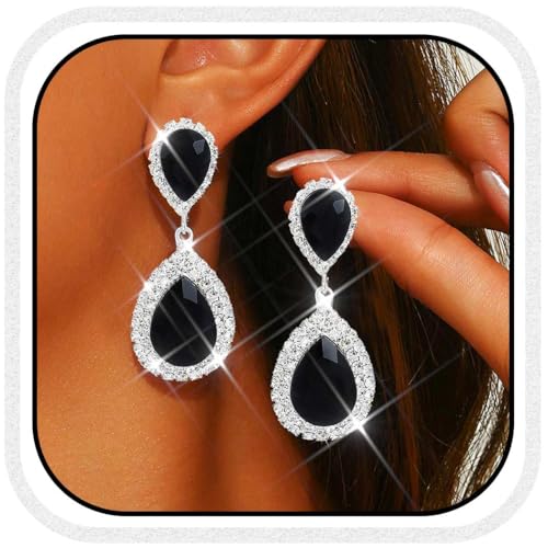Catery Crystal Wedding Earrings Black Rhinestone Ear Rings Teardrop Bridal Ear Jewelry for Brides and Women