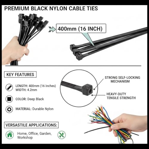 Image of 16-Inch Cable Ties (200-Pack) - Heavy Duty 400mm x 4.2mm Self-Locking Nylon Zip Ties | Strong Wire Fasteners with Teeth Grip for Organizing, Bundling & Securing