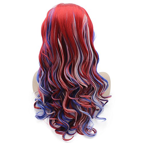 Miniatura 3 de Mxangel Peluca larga ondulada con encaje frontal azul, rojo y blanco, mezcla colorida para fiesta de cosplay
