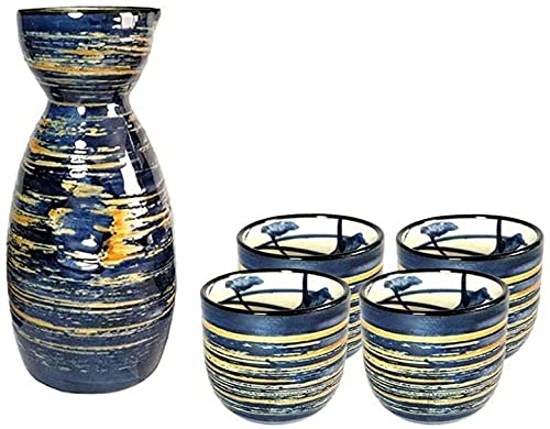 weining Sake Set, Japanese Sake Cup Set, Brushed Blue Traditional Hand-Painted Design, Porcelain Pottery Ceramic Cup Crafts 5 Pieces