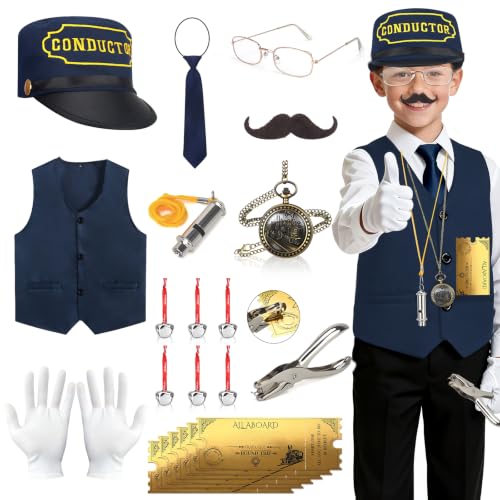 Beipegin 21 Pcs Train Conductor Costume Kids Conductor Hat Vest Whistle Bells Train Pocket Watch Christmas Holiday Sticker