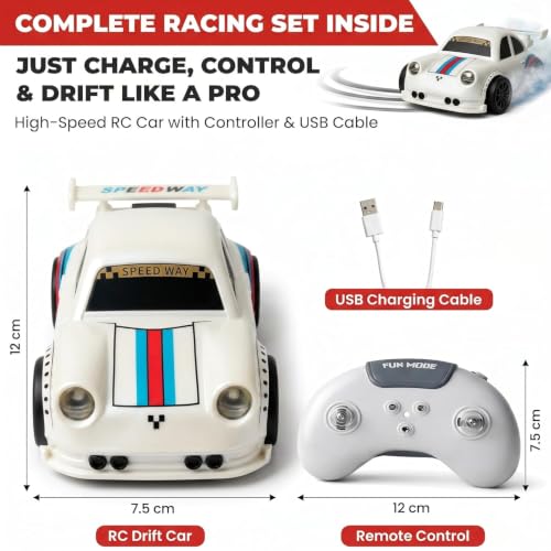 Image of 2.4GHz RC Drift Car with LED Lights & Auto Demo - Rechargeable Remote Control Racing Toy | Follow Me Escape Mode High-Speed Stunt Sports Car for Kids 6+ Years (White)