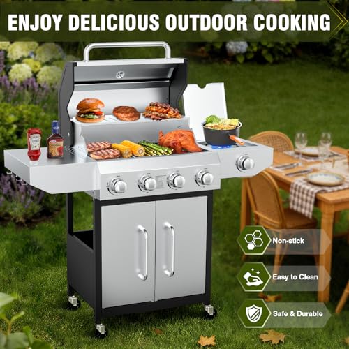 Image of BESTFIRE 60,000 BTU 4+1 Burner Propane Gas Grill - 647 sq. inches Stainless Steel Outdoor BBQ with Porcelain-Enameled Cast Iron Grates, Side Burner & Storage Cabinet for Patio and Backyard Cooking