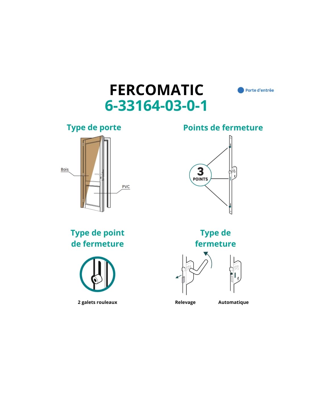 FERCO - Boîtier de Serrure Encastrable Fercomatic à Cylindre - Porte d'Entrée - Axe 40 mm - 3 Points - Hauteur 2150 mm - Verrouillage Par Galets - Réversible - 6-33164-03-0-1 - Gris
