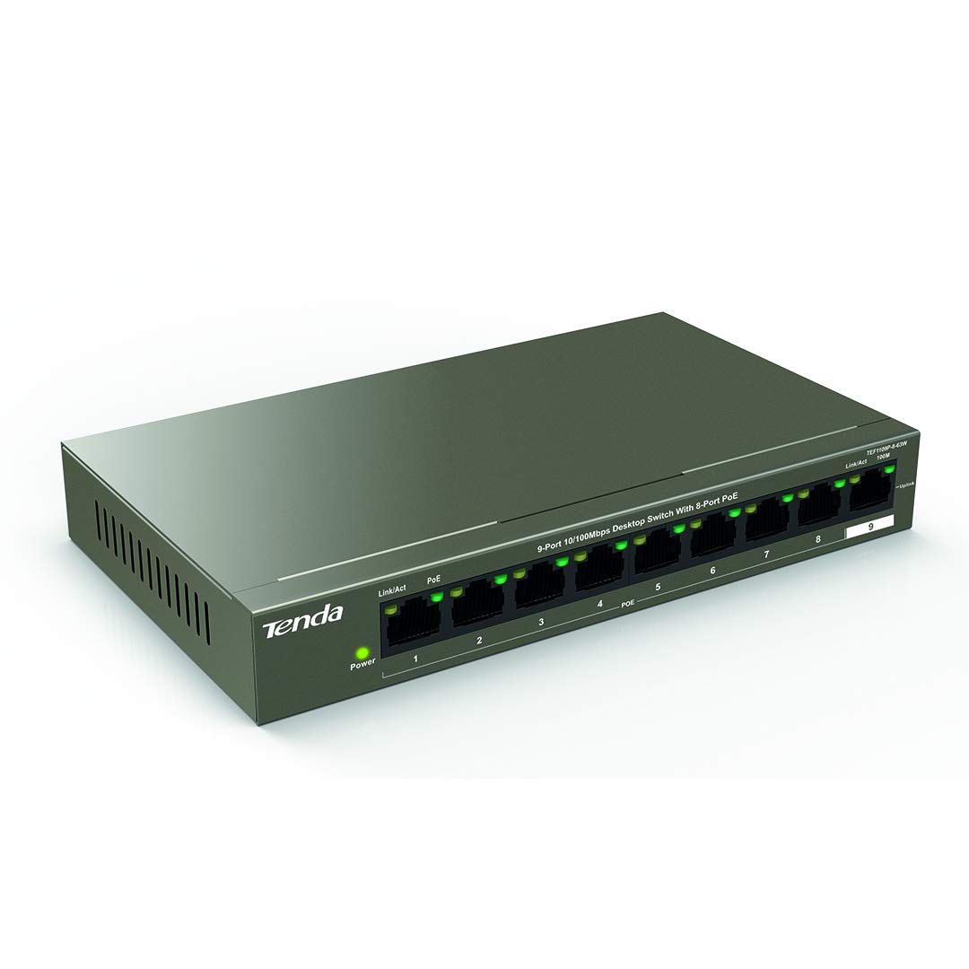 TendaTEF1109P-8-63W - 8-Port Desktop Switch 10/100 Mbps with 8-Port PoE, max. 58 W, plus 1 uplink, Full Duplex, Metal Housing, 250 m, Plug & Play