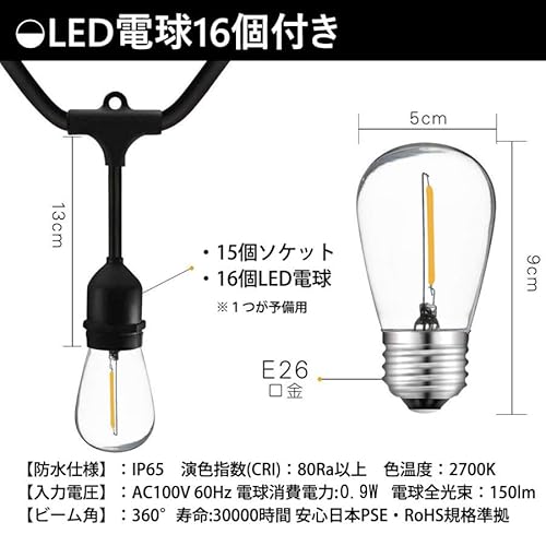 SUCCUL ledストリングライトコード 10M 15灯 E26電球付き