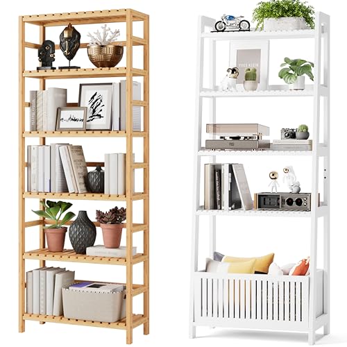 Bamjoy Bamboo White Bookshelf with Slatted Basket, Ladder Bookcase with