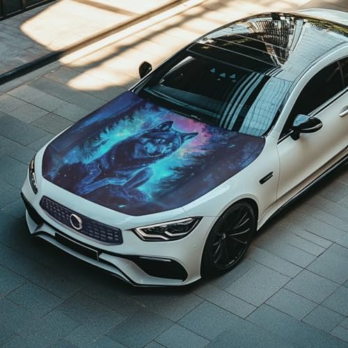 Image of Wolf Theme Car Hood Cover Protector for SUV Sedans Trucks, Elastic Polyester Waterproof Sun-Proof Auto Hood Flag Patriotic Decorative Car Accessories