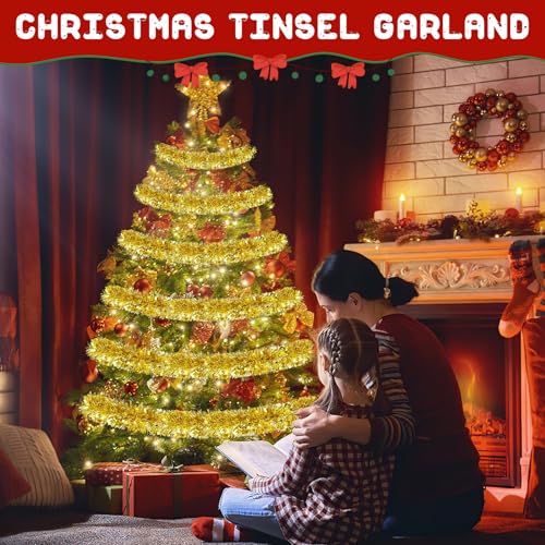 Image of 50FT Gold Christmas Tinsel Garland, Metallic Twist Shiny Hanging Garland Ornaments for Xmas Tree Party Supplies Thick Thin Metallic Streamers for Indoor Outdoor Decor