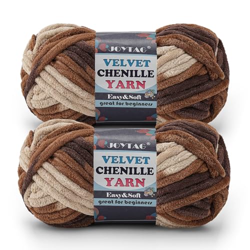 Image of 2 Pack Chunky Chenille Yarn for Crocheting and Knitting Beginners,Thick Bulky Plush Fluffy Velvet Soft Baby Blanket Crochet Chenille Yarn for Crocheting Blankets /Amigurumi /DIY Crafts(Brown Tone