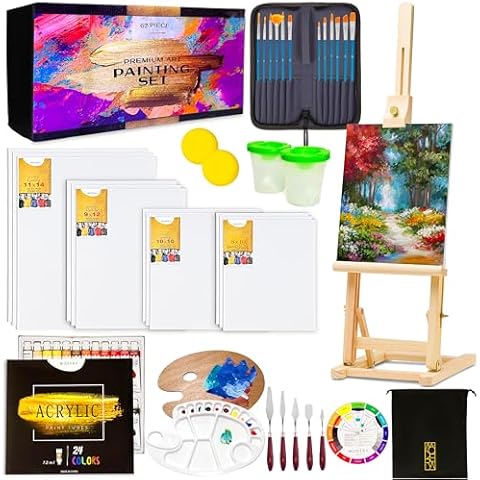 Premium Acrylic Art Paint Set | 62-Piece Professional Artist Painting Supplies Kit w/Wooden Tabletop Easel, Paints, Brushes, Knives, Palettes, Canvases & More, for Adults, Kids, Hobbyists & Beginners Cover