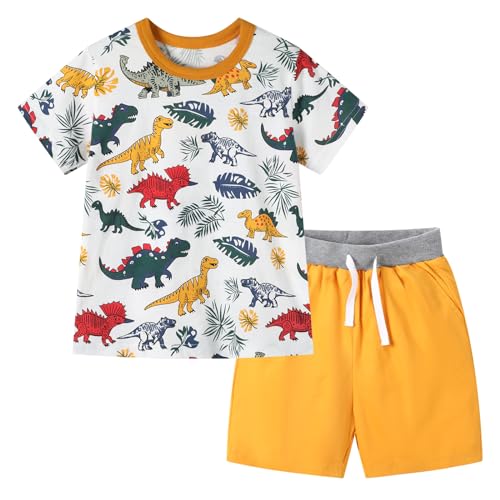 Image of HILEELANG Toddler Boy Summer Short Clothes Sets Cotton Crewneck Tees Shorts Pocket Adjustable Knite Shorts Playwear Sets
