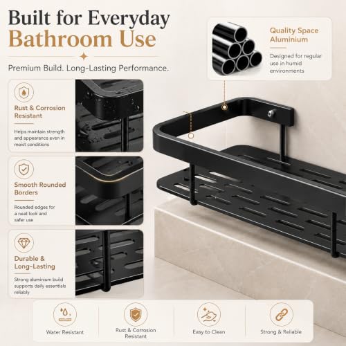 Image of JD FRESH 2 Pcs Self Adhesive Bathroom Shelf for Wall, Aluminium Holder Stand, Wall Mounted Bathroom Shelves Rack for Bathroom Accessories Organiser, with Drill and Without Drill - Black