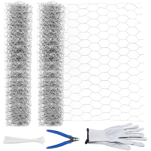 FUNSUEI 2 Rolle 40cm x 5m Hasendraht, insgesamt 10m Drahtgitter Feinmaschig Kaninchendraht Hühnerzaun Verzinkt Sechseckgeflecht Maschendraht Hasengitter Hühnerdraht für Handwerk Drahtkäfig Zaun