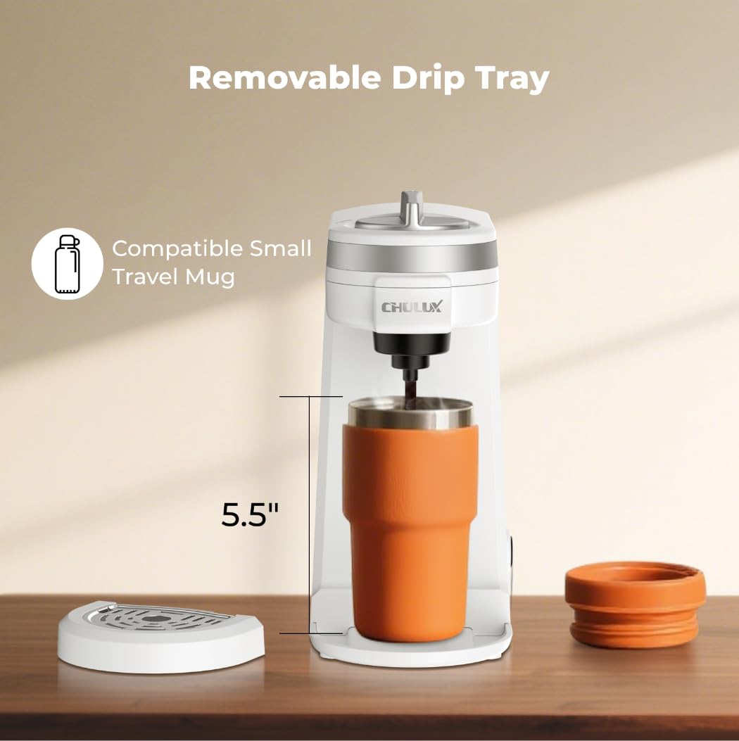 CHULUX Mini cafetera de viaje 2 en 1 para cápsulas K y café molido, cafetera de una sola porción para taza americana, cafetera de cápsulas ligeras, blanco perla