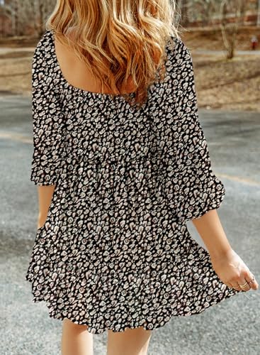 Image of Dokotoo Fall Dresses for Women 2025 Boho Floral Square Neck Smocked 3 /4 Sleeve Casual A-Line Swing Mini Dress Sundress