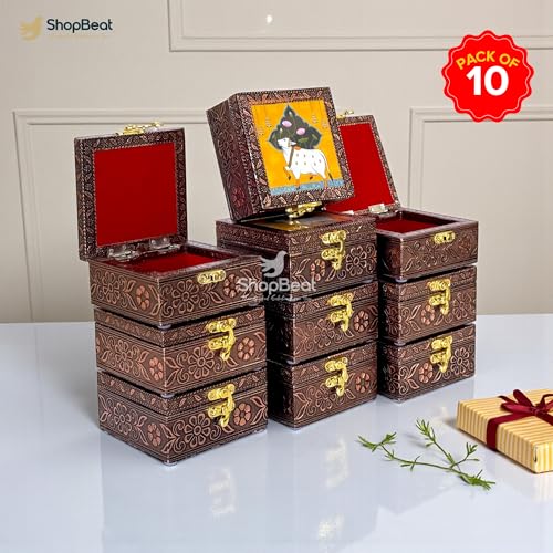 Image of Handcrafted Wooden Jewellery Box with Copper Finish (4 x 4 in) Pack of 10 | Copper finish Oxidized Pichwai Cow Design| Decorative Organizer for Women | Wedding Festive Gifting | Marigold Gold