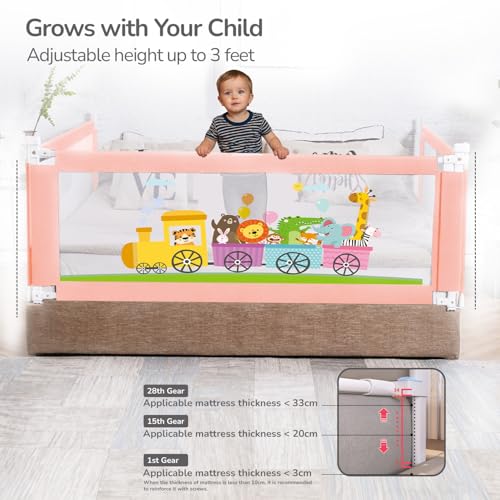 Image of R for Rabbit Safari Baby Bed Rail, (Pack of 1) One Side Bed Protector 177 x 100 cm, Anti-Fall Safeguard Toddler Safety, Adjustable Height & Foldable with Storage Pocket for Kids 5.8 x 3 ft(Pink)