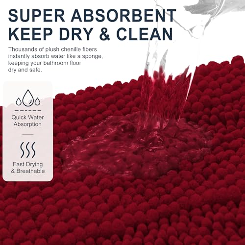 Image of Smiry Thick Chenille Bathroom Runner Rugs 44x24, Extra Absorbent Striped Bath Mat, Machine Washable, Rubber Backing, Long Bath Rugs for Bathroom, Tub & Shower, Home Decor Accessories, Red