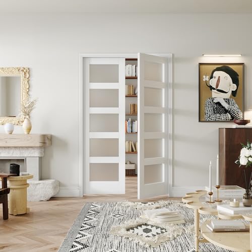 Image of 48 inch x 80 inch French Interior Door, 5 Lite Tempered Frosted Glass Panel for Pantry & Bedroom, Double Pre-drilled Holes Slab Doors, White Primed, Assembly Required (Hinges Not Included)