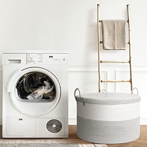 Lovstorage 23.6"X15.7" Large Rope Blanket Basket With Lid, Woven Storage Basket Baby Laundry Basket Hamper Decorative Nursery Toy Basket Bin With Handles For Living Room Bedroom-White&Brown,L #TOP6