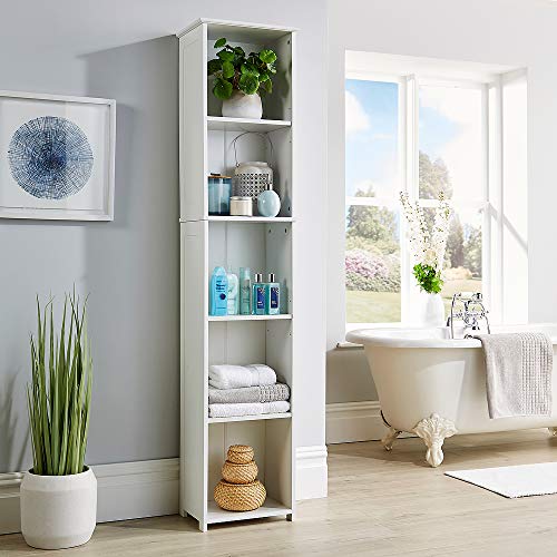 Home Source Bathroom Cabinet Free Standing Unit Narrow Towel Storage 5 Shelves, White, Tall