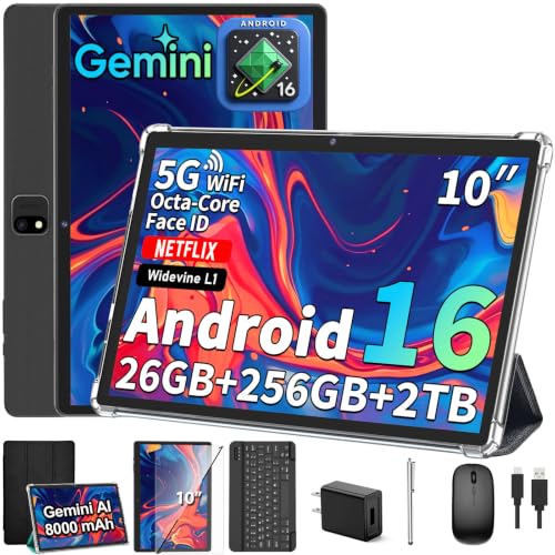 Image of 2026 Android 16 Tablet with Keyboard - 10 Inch Tablet with Gemini AI(Black) | 26GB+256GB+2TB Expand, AI Electronic Tablet PC with 8-Core, WiFi, 8000mAh, GMS, GPS, 2 in 1 Tablet with Mouse, Case, Stylus
