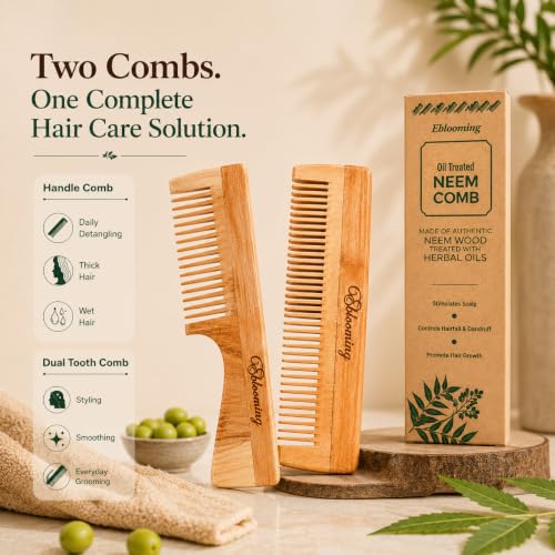 Image of Neem Wooden Hair Comb Set | Dual Tooth & Handle Comb Combo for Women & Men | Wide & Fine Tooth Detangling Comb | Smooth Rounded Teeth for Everyday Hair Care & Styling | Pack of 2