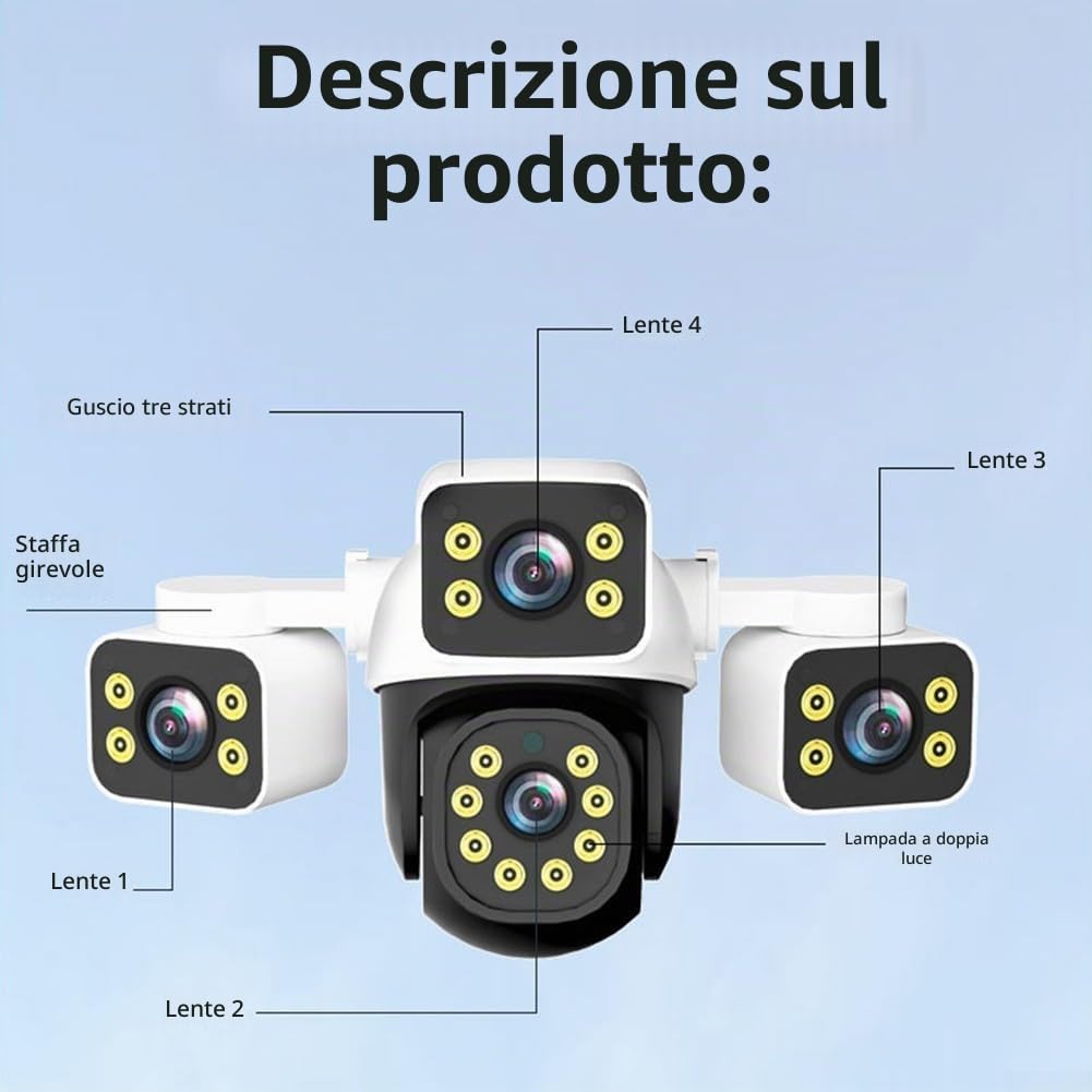 Whychstore Telecamera di sicurezza 4K HD WiFi, telecamera di sicurezza per esterni, tre obiettivi, 10 MP, telecamere domestiche professionali, visione notturna a colori, impermeabile (UK200)