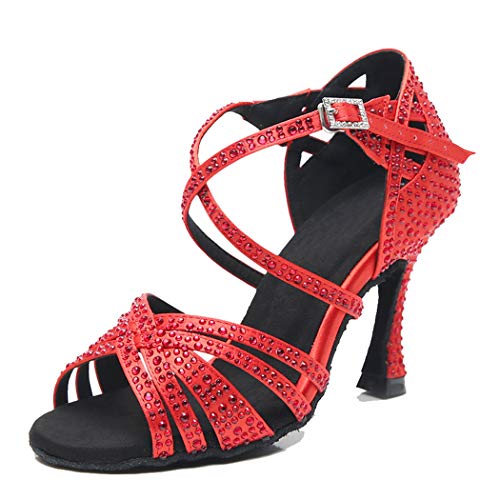 MGM-Joymod Mujeres Peep Toe Cruz Correa Rhinestones Tango Social Salón de Baile Latino Moderno Zapatos de Baile de Boda Sandalias, Tacón rojo oscuro de 9 cm., 37 EU