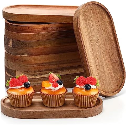 Geetery 12 Pcs Acacia Wooden Serving Trays 10 Inch Oval Wood Platter Wooden Serving Platter Oval Charcuterie Plates Board Wood Cheese Plate Fruit Wood Tray Acacia Cheese Board for Dessert Appetizer Cover