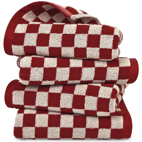 Image of Jacquotha Red Hand Towels for Bathroom Set of 4 - Cute Checkered Hand Towel | for Farmhouse Retro Guest Room & Kitchen Decor, Lightweight Cotton, 29 inch x 13 inch