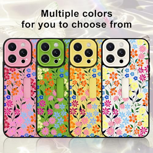Image of for iPhone 15 Pro Max Case with Finger Strap Holder, Cute Colorful Floral Flower Print Pattern Design for Women Girls, Shockproof Anti Scratch Hand Kickstand Protective Cover, White