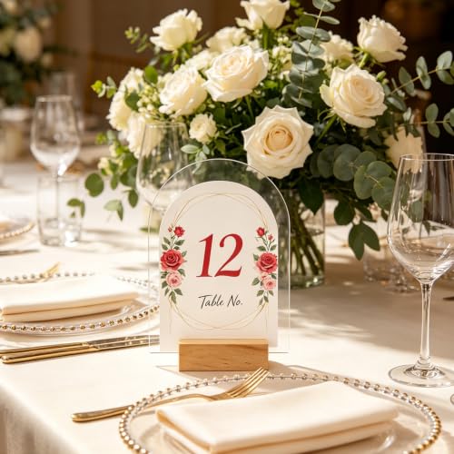 Image of Bercoor 20 Pack 5x7 Inch Blank Clear Arch Acrylic Sign with Wooden Stands, Arched Round Top Acrylic Sheet, DIY Acrylic Arch Table Numbers for DIY Name Card Gifts Event Party Sign Decoration