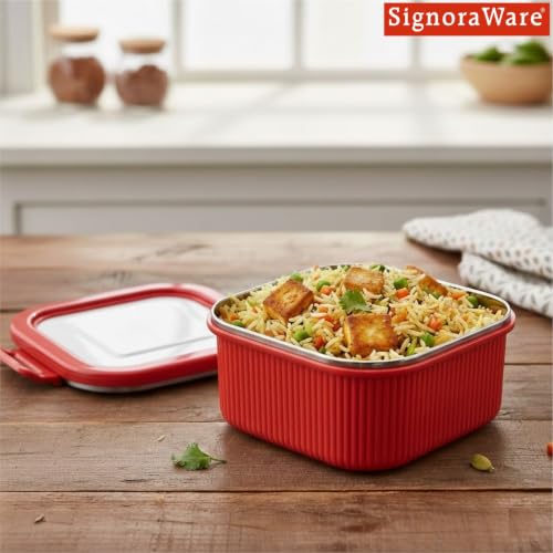 Image of Signoraware Lock N Store Microsafe Steel Square Container+ Lid(400ml, Red)