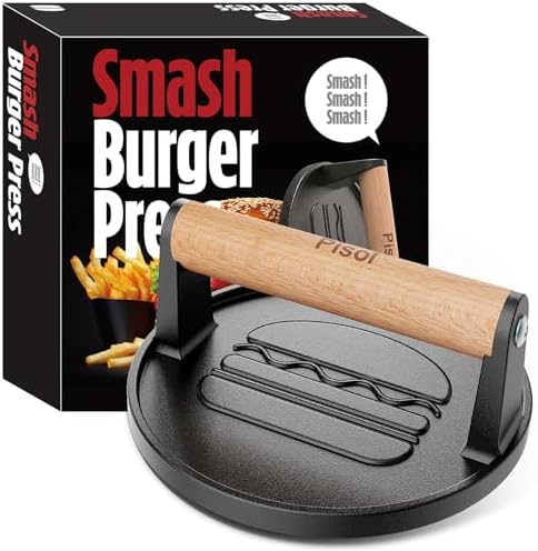 Pisol Smash Burger Press, Pre-Seasoned Cast Iron Hamburger Smashe...
