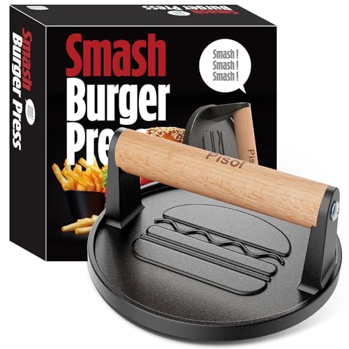 Comparison: Best Press For Smash Burgers 5 Pisol Smash Burger Press, Pre-Seasoned Cast Iron Hamburger Smasher, 2 lb Heavy-Duty Grill Bacon Meat Press Tool with Wood Handle, 6.6”