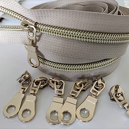 Image of Leekayer #5 Light Gold Teeth Metallic Nylon Coil Zippers by The Yard Bulk 10 Yards Beige Tape with 25pcs Gold Sliders for DIY Sewing Tailor Craft Bag(Beige)