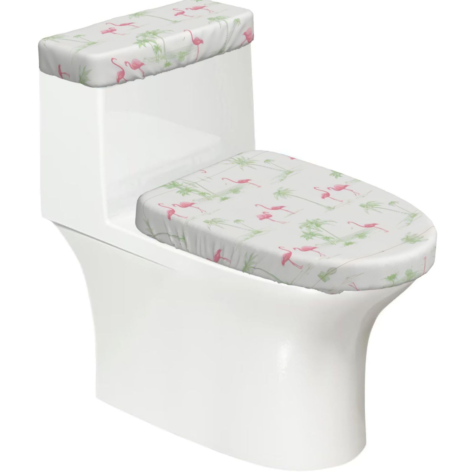 Pink Flamingos 2-Piece Toilet Seat Cover Set with Tank Lid, Elastic Fit for U-Shape & Elongated Toilets, Bathroom Decor, Housewarming Gift