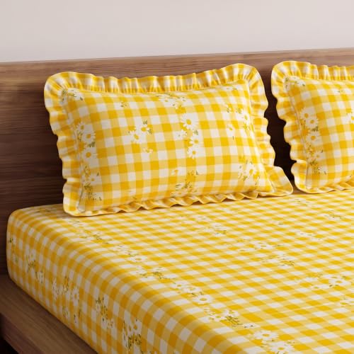 Image of Home Sizzler Microfibre Yellow Checkered Elasticated Fitted King Bedsheet (72x78 Inches) with 2 Pillow Covers