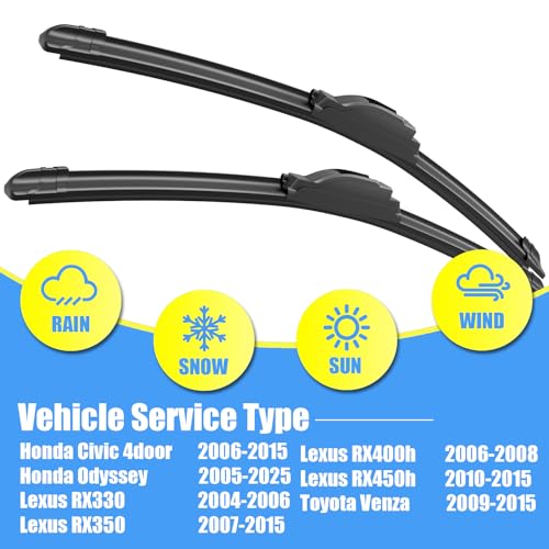 Image of Gavimnal 26 inch+22 inch Silicone Wiper Blades Replacement For Toyota Venza 2009-2015 Honda Civic 4door 2006-2015 Odyssey 2005-2025 Lexus RX350 2007-2015,All-Season Front Windshield Wiper Blades(Set of 2)